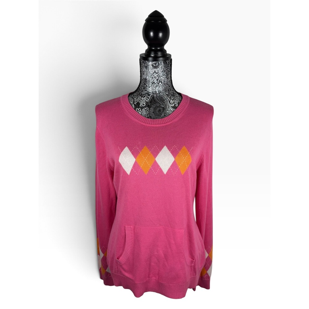 Tommy Hilfiger L Pink Orange Argyle Cotton Knit Sweater Pullover Pocket
